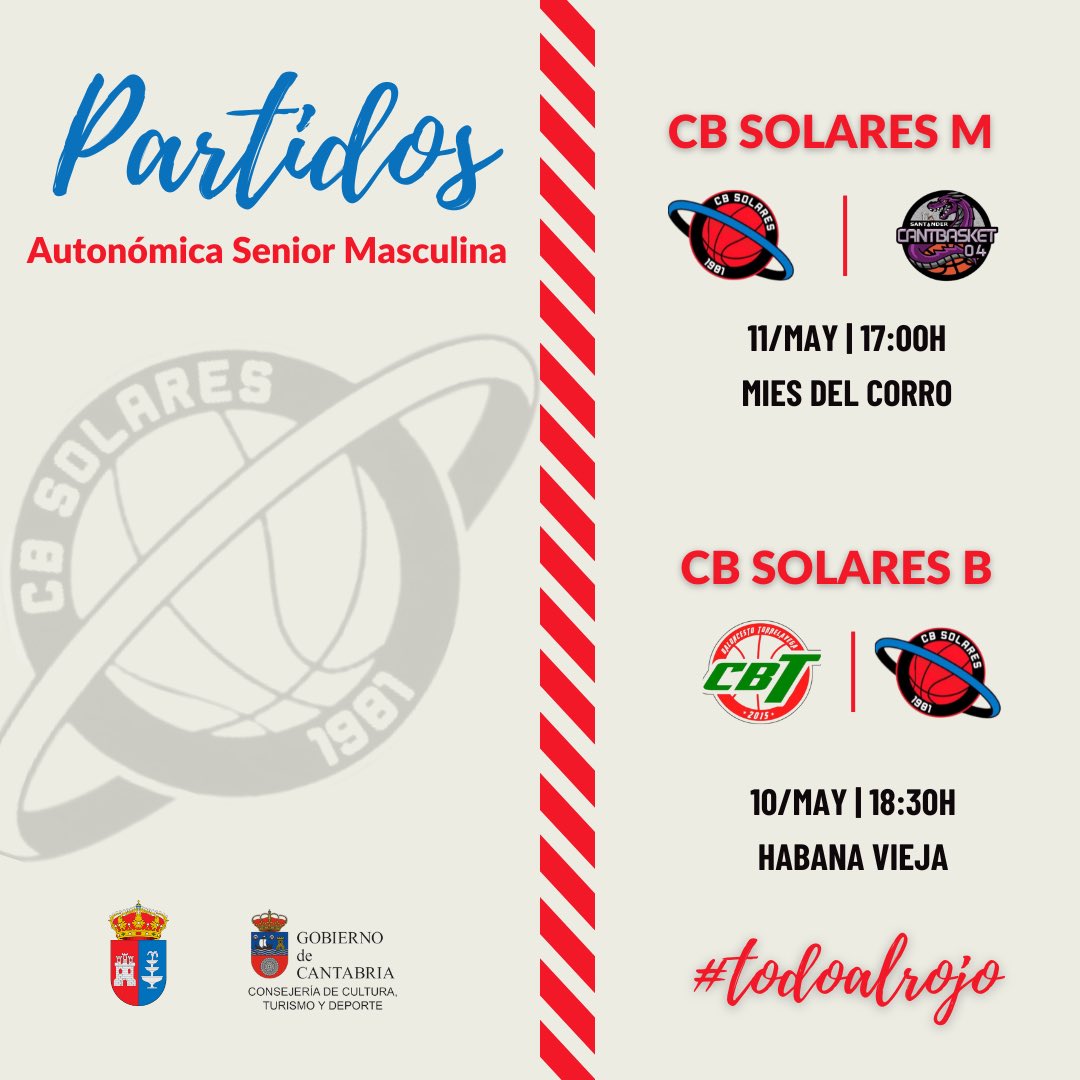 Baloncesto Solares (@cbsolares) on Twitter photo 🏀| PARTIDOS 10 Y 11 MAYO | PLAY IN |
➡️ CB Solares M 🆚 <a href="/Cantbasket_04/">Cantbasket 04 - Santander</a>
⏰17:00h
🏟️ Mies del Corro
➡️ <a href="/CBTorrelavega/">CBT Torrelavega</a> 🆚 CB Solares B
⏰18:30h
🏟️ Pab. Habana Vieja
#TodoalRojo 🏀| PARTIDOS 10 Y 11 MAYO | PLAY IN |
➡️ CB Solares M 🆚 <a href="/Cantbasket_04/">Cantbasket 04 - Santander</a>
⏰17:00h
🏟️ Mies del Corro
➡️ <a href="/CBTorrelavega/">CBT Torrelavega</a> 🆚 CB Solares B
⏰18:30h
🏟️ Pab. Habana Vieja
#TodoalRojo