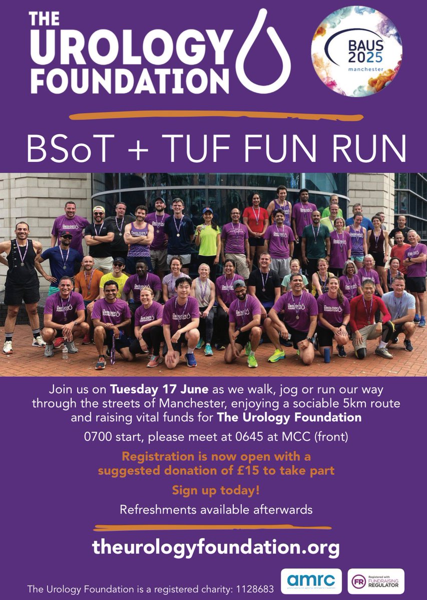 BSoT (@bsot_uk) on Twitter photo 🚨Bursting with excitement to announce the 2025 BAUS Fun Run. A sociable 5K jog around Manchester this year.
📣 Get your runners packed and sign up via the link below, with your registration fee going towards the work of <a href="/TUF_tweets/">TheUrologyFoundation</a>
🔗 register.enthuse.com/ps/event/BsOTF… 🚨Bursting with excitement to announce the 2025 BAUS Fun Run. A sociable 5K jog around Manchester this year.
📣 Get your runners packed and sign up via the link below, with your registration fee going towards the work of <a href="/TUF_tweets/">TheUrologyFoundation</a>
🔗 register.enthuse.com/ps/event/BsOTF…