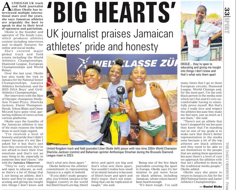 Bro, I’m in a newspaper. International. As in, the Jamaica Observer. With the two athletes that helped push The Inside Lane to where it is now. Nah man 😭😭