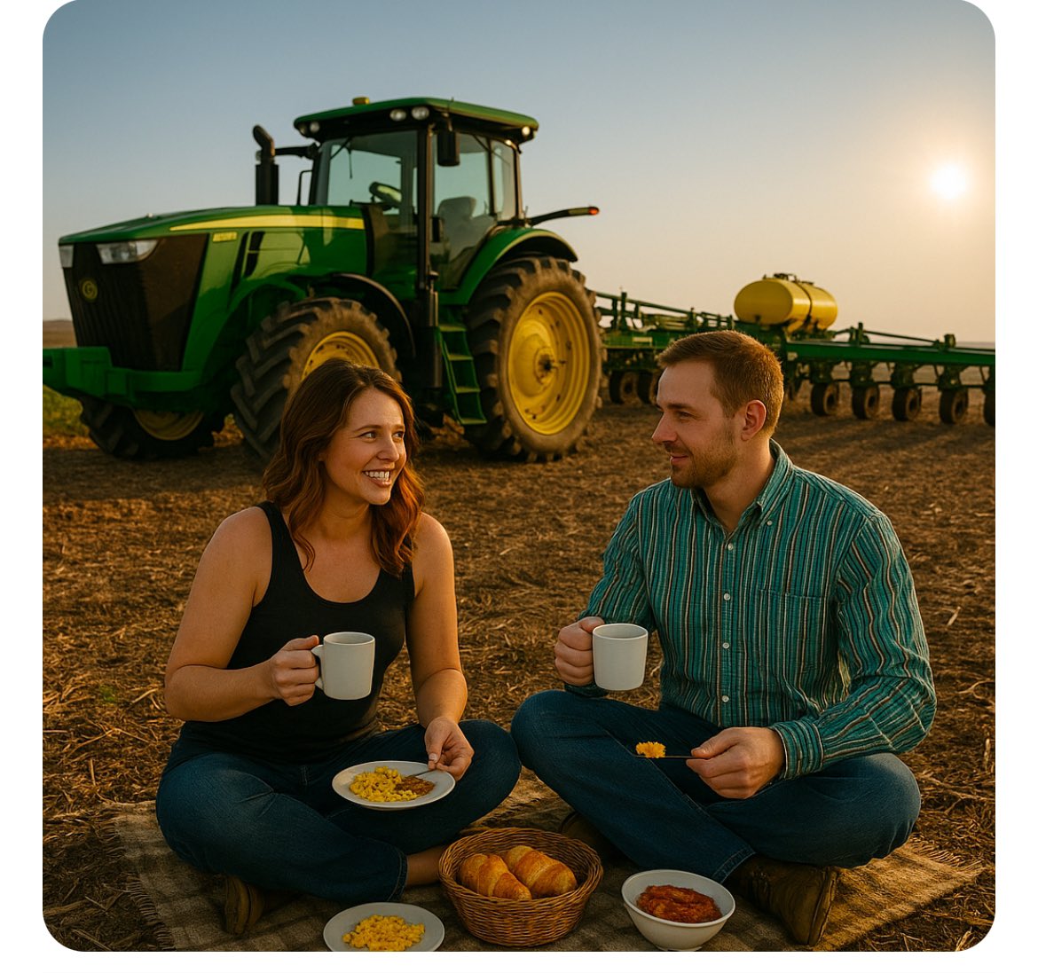 I dropped off Fred this morning at the tractor before I dropped off the kids for school and we had a nice picnic breakfast before he started planting corn.  

And if u believe this…I have some ocean front property in Arizona for sale. 😉
