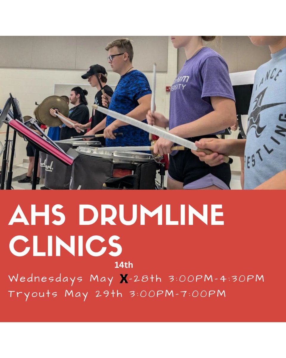 Unfortunately we are NOT able to have a Drumline clinic tomorrow (Wednesday, 5/7), but Ms. DiFrango WILL run clinics on Wednesdays 5/14-5/28 with auditions on 5/29. Clinics will be held in the AHS Bandroom from 3-4:30pm with audition time slots on 5/29 between 3-7pm.