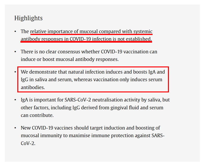 VaccineMole's tweet photo. 🔥 CRITICAL: New study Published 30 April 2025 conclusively demonstrates COVID-19 vaccines do not provide any mucosal immunity (IGA) compared to natural infection, showing claims made by medical establishment about vaccine mucosal protection are a misleading placebo!

"Our results confirm mucosal immune responses are elicited in the majority (96 %) of infected patients"

"We also demonstrate conclusively that saliva IgA antibodies are neither induced nor boosted by systemic COVID-19 vaccination."

Source:
https://t.co/wuH057MkYt