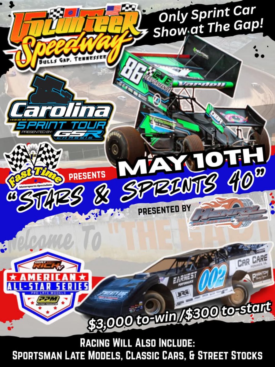 Volunteer Speedway (@thegap_volspdwy) on Twitter photo We hope to see you SATURDAY, MAY 10 <a href="/TheGap_VolSpdwy/">Volunteer Speedway</a> for American All-Star Series and <a href="/CarolinaSprints/">Carolina Sprint Tour</a> "Stars & Sprints 40." ... Event details at VolunteerSpeedway.com We hope to see you SATURDAY, MAY 10 <a href="/TheGap_VolSpdwy/">Volunteer Speedway</a> for American All-Star Series and <a href="/CarolinaSprints/">Carolina Sprint Tour</a> "Stars & Sprints 40." ... Event details at VolunteerSpeedway.com