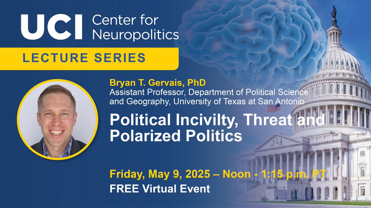 UC Irvine School of Medicine (@ucimedschool) on Twitter photo āPolitical Incivility, Threat and Polarized Politics.ā Join the UCI Center for Neuropolitics this Friday, May 9, for this FREE virtual lecture by <a href="/Bryan_Gervais/">Bryan Gervais</a>, #PoliticalScience professor <a href="/UTSACOLFA/">UTSA College of Liberal and Fine Arts</a>. bit.ly/47t17iS āPolitical Incivility, Threat and Polarized Politics.ā Join the UCI Center for Neuropolitics this Friday, May 9, for this FREE virtual lecture by <a href="/Bryan_Gervais/">Bryan Gervais</a>, #PoliticalScience professor <a href="/UTSACOLFA/">UTSA College of Liberal and Fine Arts</a>. bit.ly/47t17iS