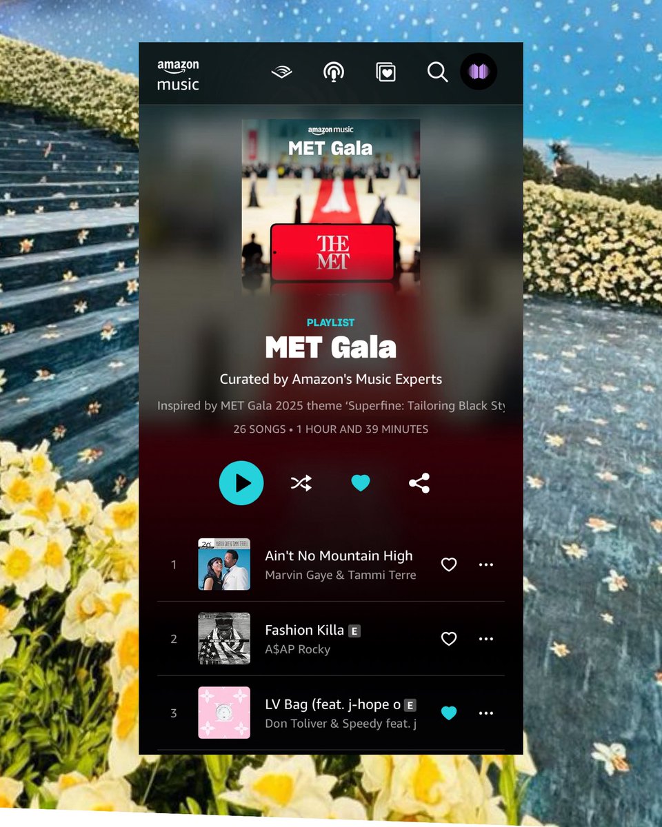 ‘LV Bag (feat. j-hope of BTS &amp; Pharrell Williams)’ by Don Toliver is featured on the ‘MET Gala’ playlist on Amazon Music. “A selection of Amazon staff’s favorite fashionable artists inspired by gala’s 2025 theme.”
🔗music.amazon.com/playlists/B0F7…

#ARMYonAmazonMusic 
#JHOPE #MetGala2025