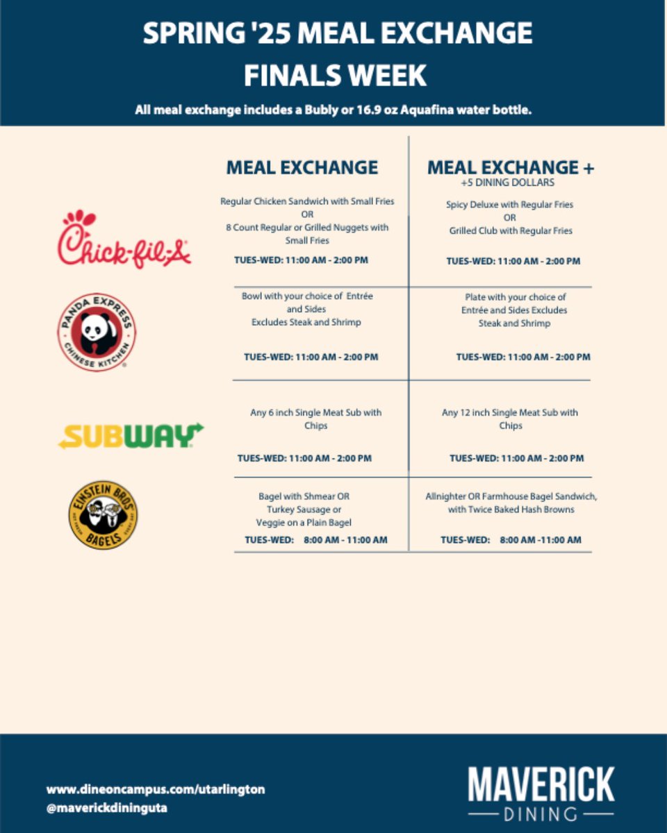 Check out the schedule for Meal Exchange times during Finals Week! For more details, visit our website.

Good luck on your exams, Mavs — you've got this!