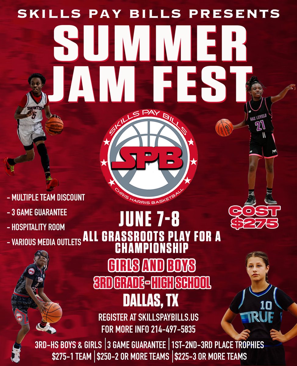 SkillsPayBills Presents 
Summer Jam Fest 

🗓 June 7-8 2025
📍 Dallas TX
✅ ALL Levels of Competition 
📝 Local, Regional &amp; National Media will be there
🏀 Top players and programs will be in there
You Should Be There! #SummerJamFest 

Register Here 
basketball.exposureevents.com/242614/e/regis…