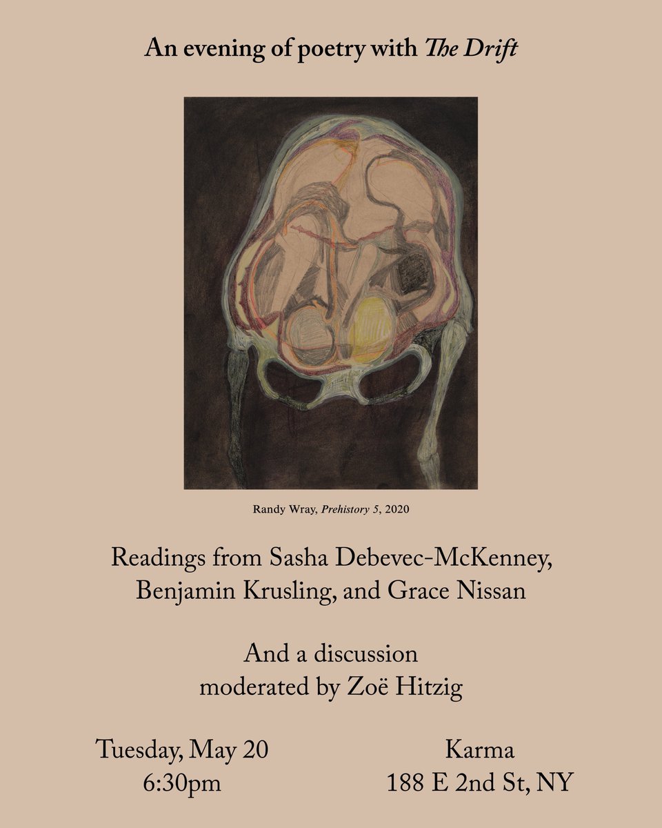 The Drift (@thedrift_mag) on Twitter photo On Tuesday, May 20, we’re hosting an evening of readings and discussion about the state of poetry at Karma gallery, featuring <a href="/sashadm/">SASHA DEBEVEC MCKENNEY</a>, <a href="/blk_blk_blk_blk/">benji</a>, Grace Nissan, and <a href="/zhitzig/">Zoë Hitzig</a> On Tuesday, May 20, we’re hosting an evening of readings and discussion about the state of poetry at Karma gallery, featuring <a href="/sashadm/">SASHA DEBEVEC MCKENNEY</a>, <a href="/blk_blk_blk_blk/">benji</a>, Grace Nissan, and <a href="/zhitzig/">Zoë Hitzig</a>