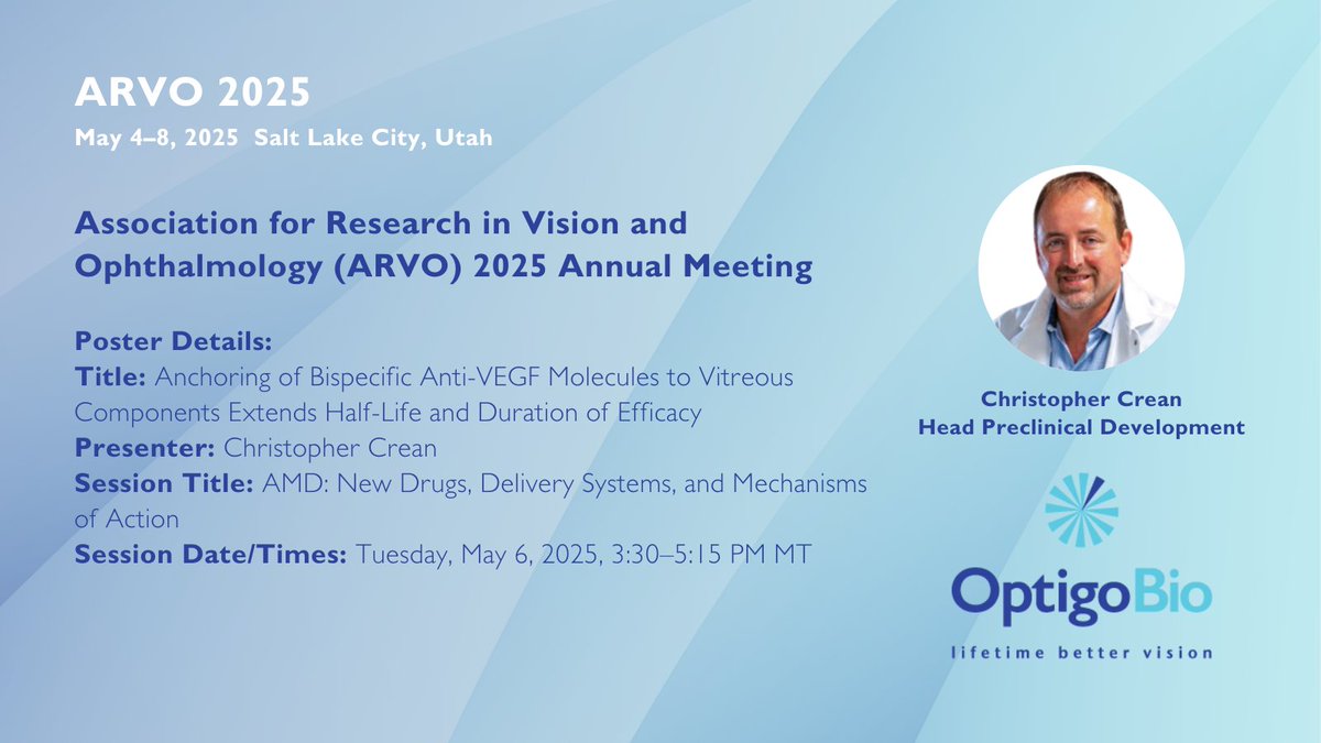 Today, Christopher Crean, Head Preclinical Development <a href="/OptigoBio/">OptigoBio</a>, will present our poster, with support from Ali Ardakani, Co-Founder &amp; CEO, and Dr. @HoumanHemmati, Co-Founder &amp; CMO. Our team is proud to be attending the <a href="/ARVOinfo/">ARVO</a> #ARVO2025 Annual Meeting arvo.org/annual-meeting/