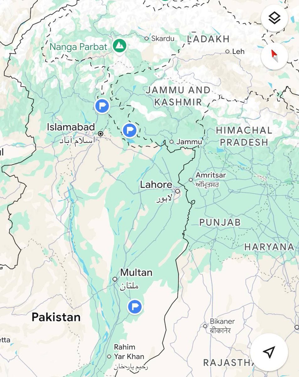 SprinterPress's tweet photo. Currently, 3 locations have been confirmed to have been hit by Indian missiles (marked in blue):
1. Muzaffarabad, Azad Kashmir, under Pakistan administration.
2. Kotli, Azad Kashmir, under Pakistan administration.
3. Bahawalpur, Pakistan proper. https://t.co/Ez0MC17Dh5
