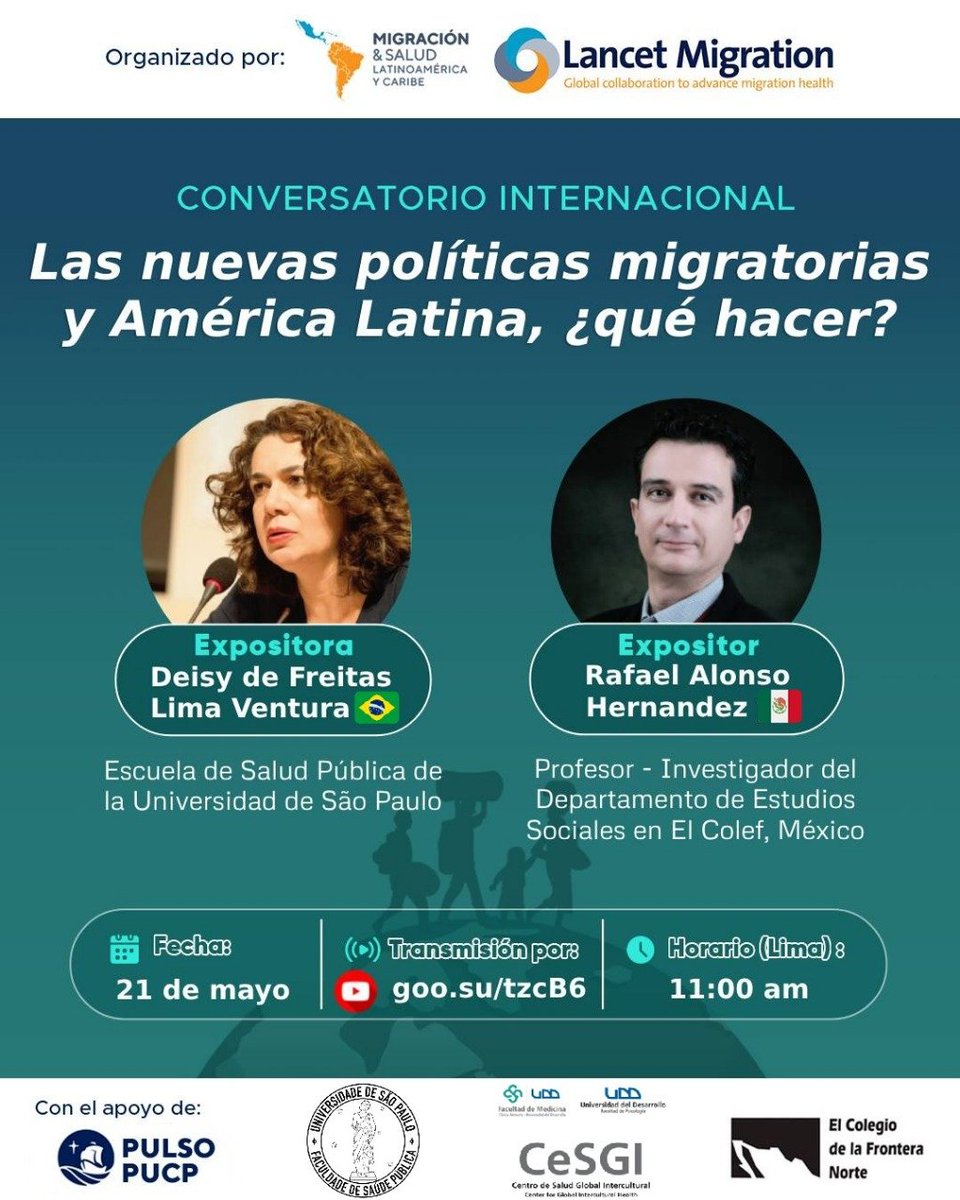 📣 Actualización del conversatorio: "Las nuevas políticas migratorias y América Latina, ¿qué hacer?"

📅 Fecha: 21 de mayo
 🕚 Hora (Lima): 11:00 am
 📲 NUEVA Transmisión en vivo por YouTube: youtube.com/@LancetMigrati… o goo.su/tzcB6

¡Los esperamos!
#MigraciónLAC