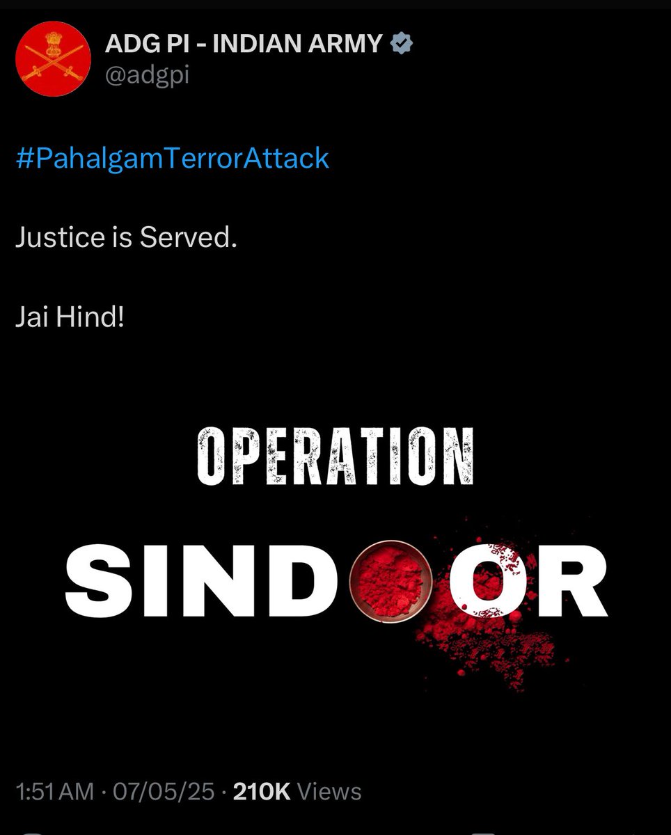 BIG BREAKING: Indian armed forces launch ‘Operation Sindoor’, hit terrorist infra in Pakistan

<a href="/adgpi/">ADG PI - INDIAN ARMY</a> <a href="/IAF_MCC/">Indian Air Force</a> <a href="/PMOIndia/">PMO India</a> <a href="/narendramodi/">Narendra Modi</a> <a href="/DrSJaishankar/">Dr. S. Jaishankar</a> <a href="/rajnathsingh/">Rajnath Singh</a> <a href="/AmitShah/">Amit Shah</a> 

#airstrike #IndiaPakistanWar #IndiaPakistanTensions #iaf #indianairforce
