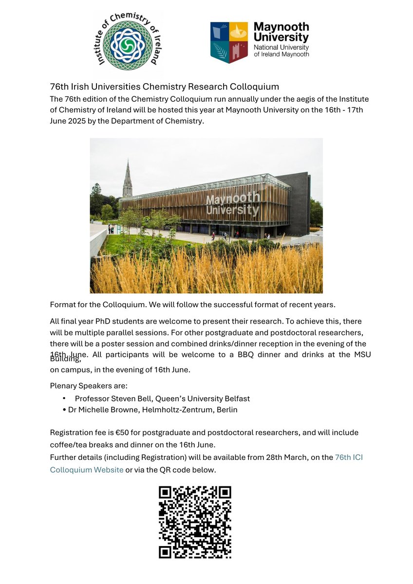 Maynooth University Chemistry (@maynoothchem) on Twitter photo 📢Registration Now Open for the 76th Irish Universities Chemistry Research Colloquium 16-17th June 2025.
Further information and registration available at
maynoothuniversity.ie/chemistry/76th…
⌛️Abstract submissions close 23rd May 📢Registration Now Open for the 76th Irish Universities Chemistry Research Colloquium 16-17th June 2025.
Further information and registration available at
maynoothuniversity.ie/chemistry/76th…
⌛️Abstract submissions close 23rd May