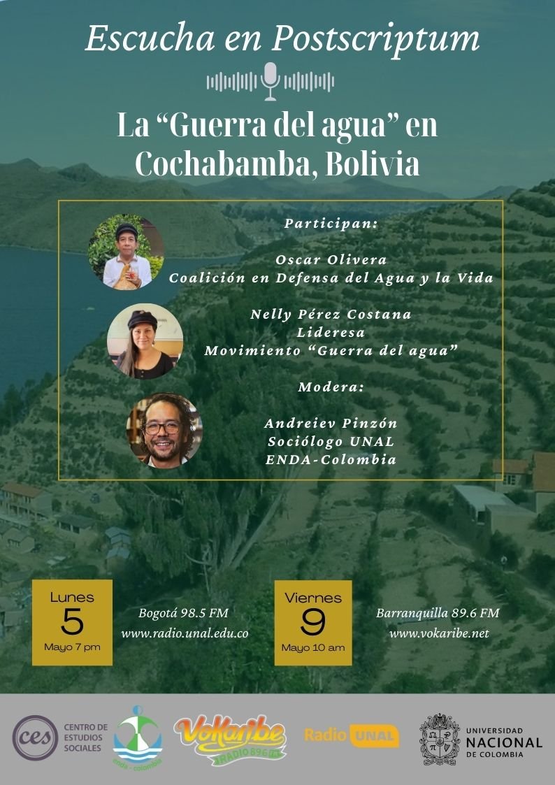 vokaribe's tweet photo. En Vokaribe seguimos hablando del derecho al agua.

Este viernes en #PostScriptum @t_phyllobate conversa con @Oscarrubenolive y Nelly Pérez sobre la #GuerraDelAgua en Cochabamba, una lucha que este año cumple 25 años.

Viernes 9 de mayo
10:00 am
89.6 FM y https://t.co/n1KAeOQJ5E https://t.co/CMbH8YY6pu