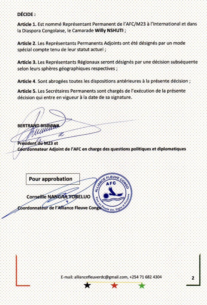 DÉCISION N° 017/COORD-PR/AFC-M23 DU 06/05/2025 PORTANT DESIGNATION ET APPROBATION D'UN REPRESENTANT PERMANENT ET DES REPRESENTANTS PERMANENTS ADJOINTS DE L'ALLIANCE FLEUVE CONGO (AFC/M23) À L'INTERNATIONAL ET DANS LA DIASPORA