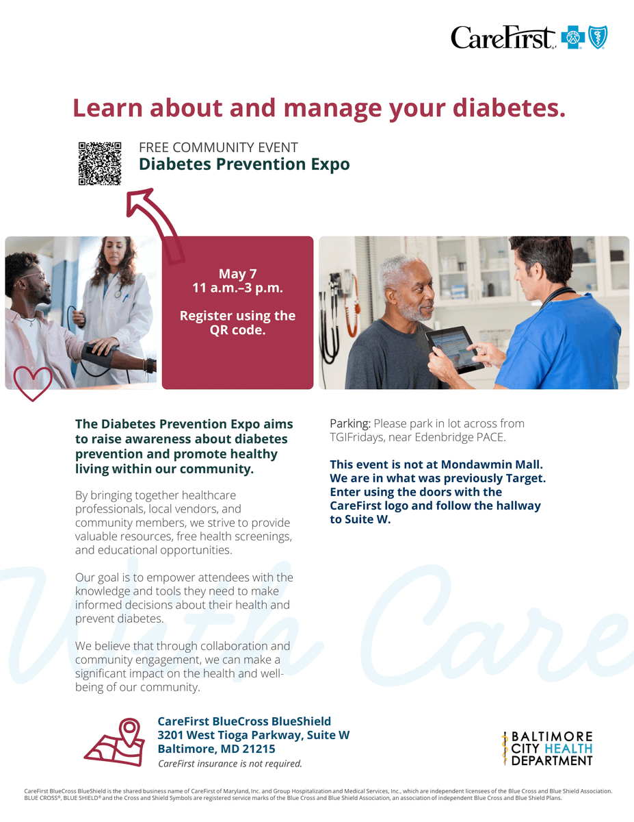 🩺 Join CareFirst’s Diabetes Prevention Awareness Expo on May 7 from 11 AM–3 PM at 3201 Tioga Pkwy, Baltimore!

✅ Free health screenings
✅ COVID vaccines + eye exams
✅ Diabetes tips, lunch, swag &amp; smoothies

#DiabetesPrevention #BaltimoreHealth #CareFirst #WellnessExpo