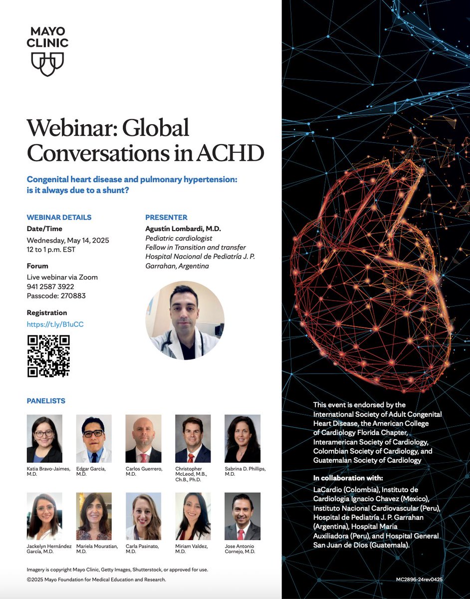 Katia Bravo, MD, FACC (@bravo__md) on Twitter photo 🚨#ACCFIT #ACHD #CardioTwitter #MedEd
Join us in our 24th session of “Global conversations in ACHD”
May 14th, 12-1pm EST
With endorsement from <a href="/ISACHD/">Int’l Society for Adult Congenital Heart Disease🌎</a> <a href="/FloridaACC/">Florida Chapter ACC</a> <a href="/SIAC_cardio/">SIAC</a> <a href="/sccccardio/">Sociedad Colombiana de Cardiología</a> Sociedad Guatemalteca de Cardiologia
🇺🇸 🇲🇽 🇨🇴 🇵🇪 🇦🇷 🇬🇹
@MayoEquity <a href="/MayoClinicCV/">Mayo Clinic CV</a> 🚨#ACCFIT #ACHD #CardioTwitter #MedEd
Join us in our 24th session of “Global conversations in ACHD”
May 14th, 12-1pm EST
With endorsement from <a href="/ISACHD/">Int’l Society for Adult Congenital Heart Disease🌎</a> <a href="/FloridaACC/">Florida Chapter ACC</a> <a href="/SIAC_cardio/">SIAC</a> <a href="/sccccardio/">Sociedad Colombiana de Cardiología</a> Sociedad Guatemalteca de Cardiologia
🇺🇸 🇲🇽 🇨🇴 🇵🇪 🇦🇷 🇬🇹
@MayoEquity <a href="/MayoClinicCV/">Mayo Clinic CV</a>