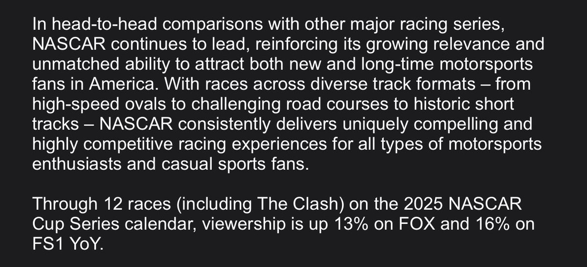 jeff_gluck's tweet image. If you don’t think beating F1 Miami in viewership one year after getting topped by that race is a big deal for NASCAR…they just put out a whole press release about their ratings triumph in U.S. motorsports viewership this weekend. NASCAR is feeling goooood today. One part: