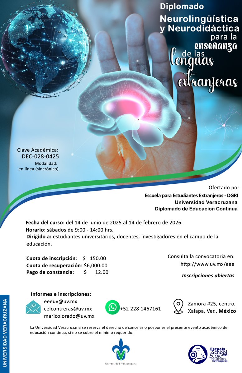 Diplomado en Neurolingüística y Neurodidáctica para enseñanza de lenguas extranjeras

En línea (sincrónico)
14/05/25 al 14/02/26
Sábados 9:00-14:00 hrs
Dirigido a:
Estudiantes, docentes e investigadores en educación
📩 Contacto: eeeuv@uv.mx