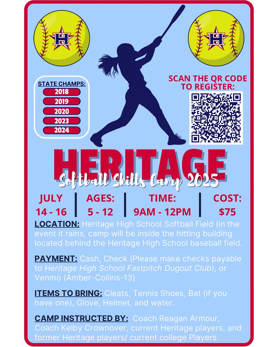 🥎 Mark your calendars! Heritage Softball Camp will be July 14th—16th from 9am-12pm. Ages 5-12 are encouraged to attend. Current and former Heritage Softball players and coaches will be instructing the camp! Click the link to sign up! 🥎

docs.google.com/forms/d/e/1FAI…