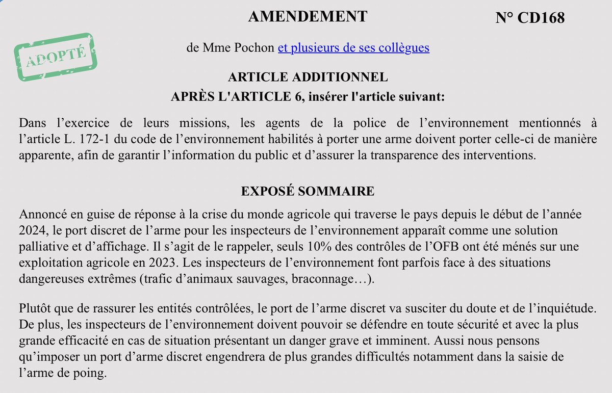 La gauche et le camp macroniste viennent d'adopter un amendement en commission DDAT pour rendre visible l'armement de l'OFB qui contrôle les agriculteurs.  

Les mêmes qui s'opposent à l'armement des polices municipales qui font face au terrorisme.   

Hallucinant !