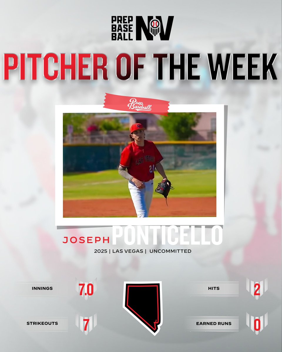 PrepBaseballNV's tweet photo. 💪 𝐏𝐢𝐭𝐜𝐡𝐞𝐫 𝐨𝐟 𝐭𝐡𝐞 ��𝐞𝐞𝐤 💪

We are excited to announce our Pitcher of the Week award for Week 9 which goes to Uncommitted Las Vegas 2025 RHP, Joseph Ponticello! #BeSeen

𝐈𝐧𝐧𝐢𝐧𝐠𝐬 - 7.0
𝐑𝐮𝐧𝐬 - 0
𝐒𝐭𝐫𝐢𝐤𝐞𝐨𝐮𝐭𝐬 - 7
𝐇𝐢𝐭𝐬 - 2
𝐖𝐢𝐧 -  ✅

𝐏𝐢𝐭𝐜𝐡𝐞𝐫 𝐨𝐟 𝐭𝐡𝐞 𝐖𝐞𝐞𝐤
🔗 - https://t.co/ldLGtXy2Uy

@JPCBA_71 | @B_HarrisonPBR