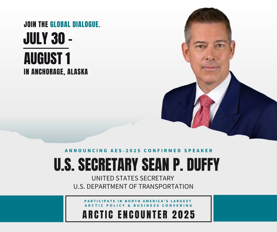 Transportation, infrastructure, and mobility are central to the future of the Arctic. That’s why we’re honored to welcome the U.S. Secretary of Transportation to the Arctic Encounter 2025 main stage.

📍 Anchorage, Alaska | July 30–August 1, 2025
🔗 Join us → Link in bio