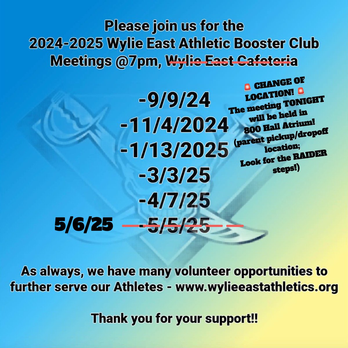CHANGE OF LOCATION! The meeting TONIGHT will be held in 800 Hall Atrium! (parent pickup/dropoff location; Look for the RAIDER steps!)
