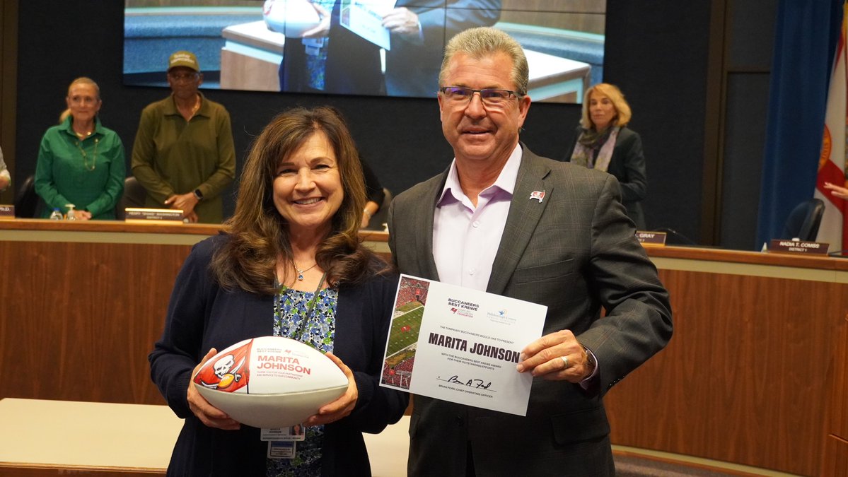 Hillsborough Schools (@hillsboroughsch) on Twitter photo Congratulations to our next round of <a href="/Buccaneers/">Tampa Bay Buccaneers</a> Best Krewe Award recipients! 🎉
🏈 <a href="/PierceMS0082/">Pierce Middle School</a> Principal, Pablo Gallego Alvarez
🏈 <a href="/HCPS_Smithms/">Sgt. Paul R. Smith Middle School</a> PE Teacher, Selina Perez
🏈 Superintendent Secretary, Marita Johnson
They were recognized during tonight's board meeting. Congratulations to our next round of <a href="/Buccaneers/">Tampa Bay Buccaneers</a> Best Krewe Award recipients! 🎉
🏈 <a href="/PierceMS0082/">Pierce Middle School</a> Principal, Pablo Gallego Alvarez
🏈 <a href="/HCPS_Smithms/">Sgt. Paul R. Smith Middle School</a> PE Teacher, Selina Perez
🏈 Superintendent Secretary, Marita Johnson
They were recognized during tonight's board meeting.