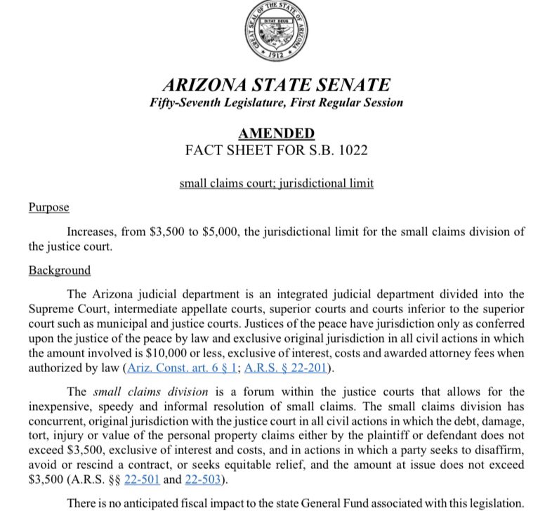 Proud to have gotten SB 1022 passed &amp; signed by the governor, which increases Small Claims Court’s jurisdictional limit to $5000… more in line w/ today’s financial reality. Thanks to Flagstaff’s former AZ State House Rep Bob Thorpe!