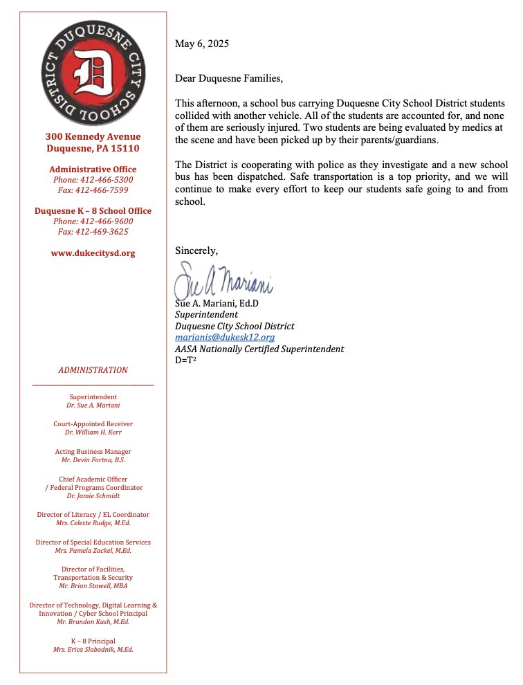 On behalf of Dr. Mariani <a href="/DukesSupINT/">Dr. Sue Mariani</a> , please see the attached notice released to parents this afternoon. It is available on our website &amp; socials.