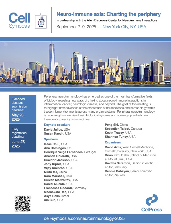 Immunity (@immunitycp) on Twitter photo Abstract deadline extended to May 23rd! Join us in NYC in Sept 2025 for <a href="/CellSymposia/">Cell Symposia</a> "The Neuro-immune Axis: Charting the periphery" #CSNeuroimmune25 #neuroimmunology Organized by <a href="/KavithaSci/">Kavitha Scranton</a> @ImmnityCP <a href="/NeuroCellPress/">Neuron</a> <a href="/itchdoctor/">Brian S. Kim</a> & David Artis hubs.ly/Q03gmh5w0 Abstract deadline extended to May 23rd! Join us in NYC in Sept 2025 for <a href="/CellSymposia/">Cell Symposia</a> "The Neuro-immune Axis: Charting the periphery" #CSNeuroimmune25 #neuroimmunology Organized by <a href="/KavithaSci/">Kavitha Scranton</a> @ImmnityCP <a href="/NeuroCellPress/">Neuron</a> <a href="/itchdoctor/">Brian S. Kim</a> & David Artis hubs.ly/Q03gmh5w0