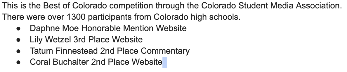 Silver Creek High School (@silvercreek_hs) on Twitter photo Congratulations to these Talon Tribune Writers and authors on their impressive feat in placing in the Colorado Student Media Association competition. 1300 students statewide and Creek bringing home some hardware! <a href="/BuchlerStVrain/">Matt Buchler</a> <a href="/SVVSDdeputy/">Jackie Kapushion, Ed.D.</a> #StVrainStorm Congratulations to these Talon Tribune Writers and authors on their impressive feat in placing in the Colorado Student Media Association competition. 1300 students statewide and Creek bringing home some hardware! <a href="/BuchlerStVrain/">Matt Buchler</a> <a href="/SVVSDdeputy/">Jackie Kapushion, Ed.D.</a> #StVrainStorm