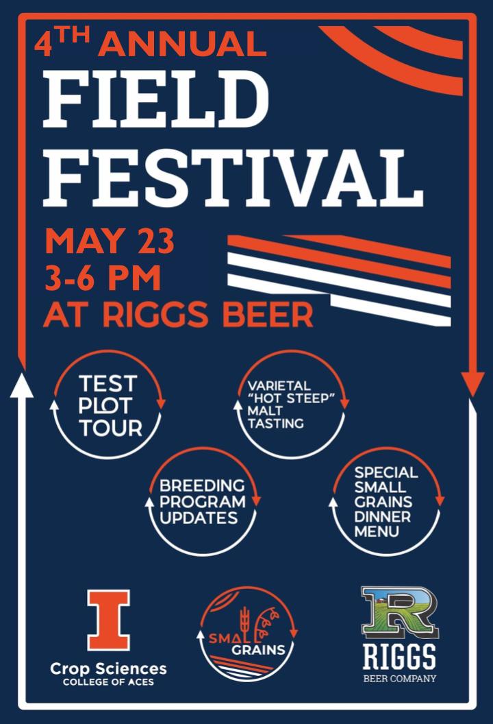 Another opportunity to learn and enjoy small grains in Illinois. <a href="/RiggsBeerCo/">Riggs Beer Company</a>
At this event we will show participants 18 demo plots of different small grains including wheat, barley, triticale, and Kernza. There will be plenty of time for questions and camaraderie.