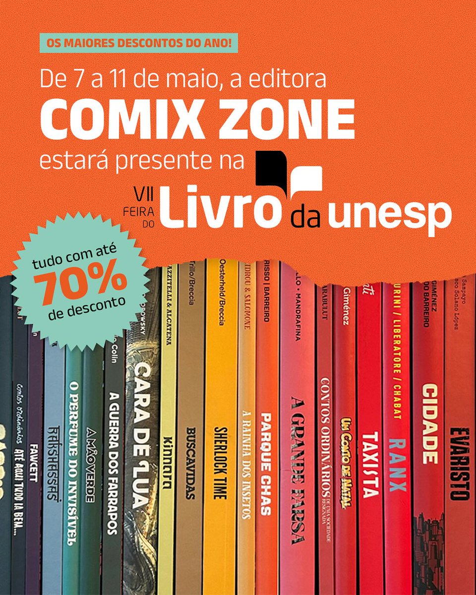 🚨‼️ Começou a Feira do Livro da Unesp – e a Comix Zone está com até 70% de desconto em todo o catálogo!

👉 Acesse agora: comixzone.com.br
📦 Frete GRÁTIS para todo o Brasil (confira as condições).