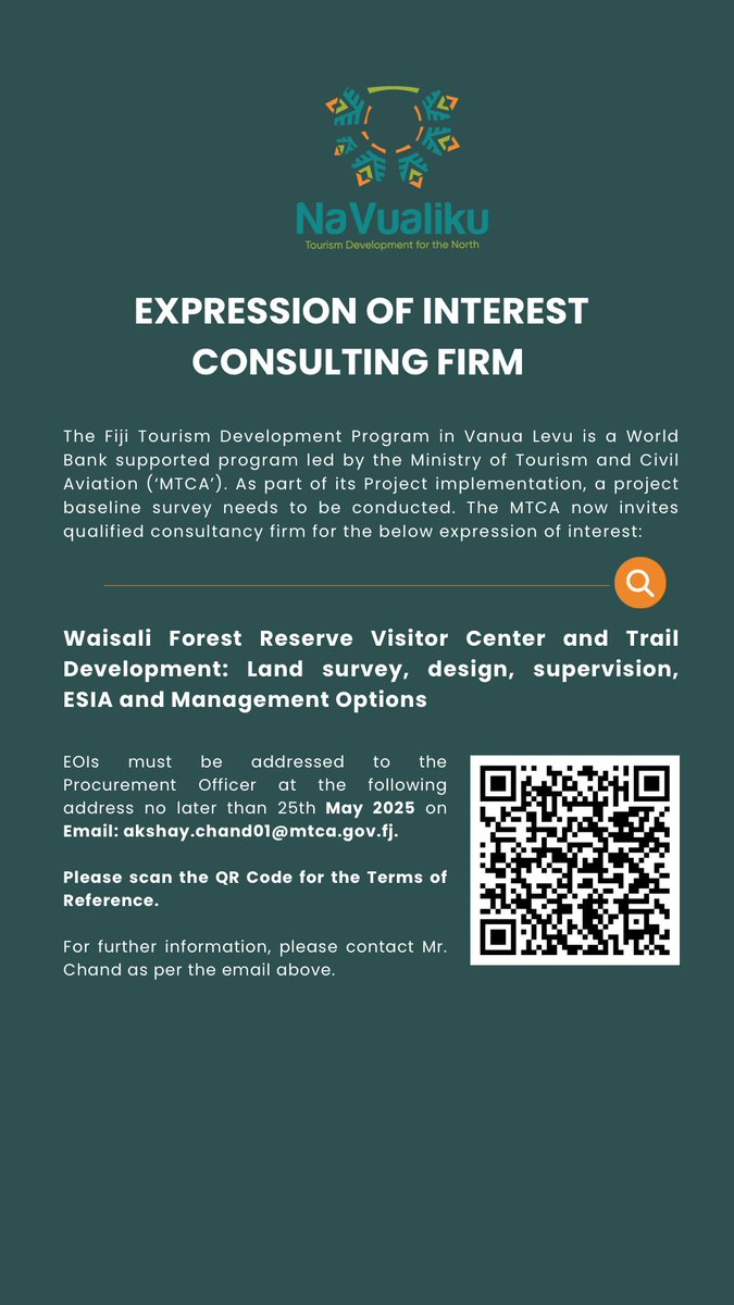 To support the Na Vualiku Project, we’re looking for a consultancy firm for the Waisali Forest Reserve Visitor Center and Trail Development. Scan the QR Code for details #FijiJobs #NaVualiku
