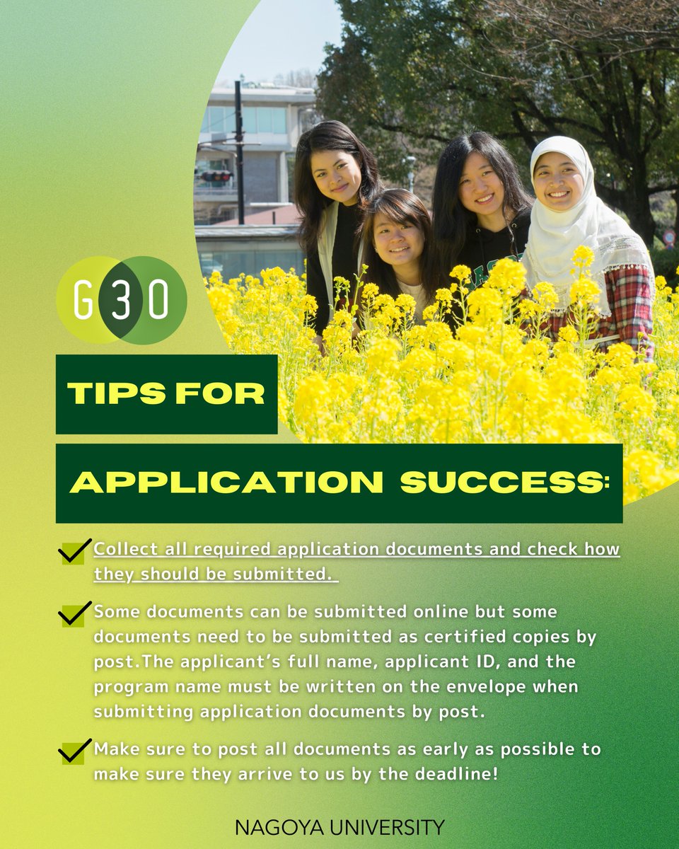 G30 Graduate School applications at Nagoya University are now OPEN! Apply between May 7–23.

Check out the tips below &amp; read the full application instructions at: 
admissions.g30.nagoya-u.ac.jp/admissions/gra…

#StudyinJapan #NagoyaUniversity #名古屋大学 #NagoyaJapan #StudyinEnglish #Scholarships