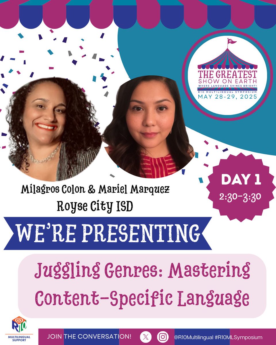 Milly Colón, MS. Ed. (@colonmillyed) on Twitter photo We are presenting <a href="/Region10ESC/">Region 10 ESC</a> Multilingual Symposium on May 28th. Please join us as we Juggle Genres to teach content specific vocabulary. A group of my amazing teachers will also be presenting. Stay tuned for more badges. <a href="/RoyseCityISD/">Royse City ISD</a> <a href="/RC_BilingualESL/">RCISD Multilingual Services</a> We are presenting <a href="/Region10ESC/">Region 10 ESC</a> Multilingual Symposium on May 28th. Please join us as we Juggle Genres to teach content specific vocabulary. A group of my amazing teachers will also be presenting. Stay tuned for more badges. <a href="/RoyseCityISD/">Royse City ISD</a> <a href="/RC_BilingualESL/">RCISD Multilingual Services</a>