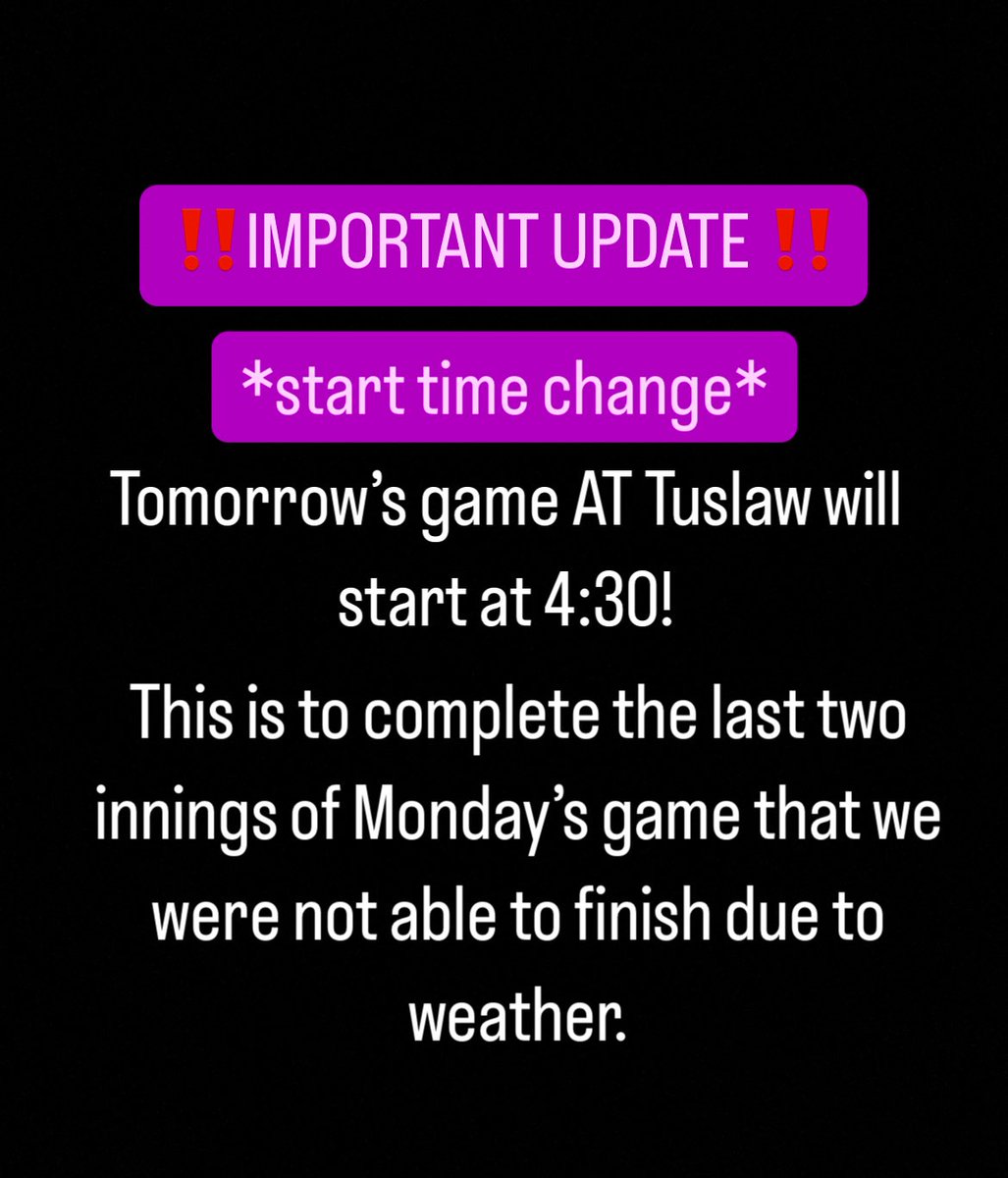 IMPORTANT UPDATE‼️ Game 2 against Tuslaw will continue as normal.