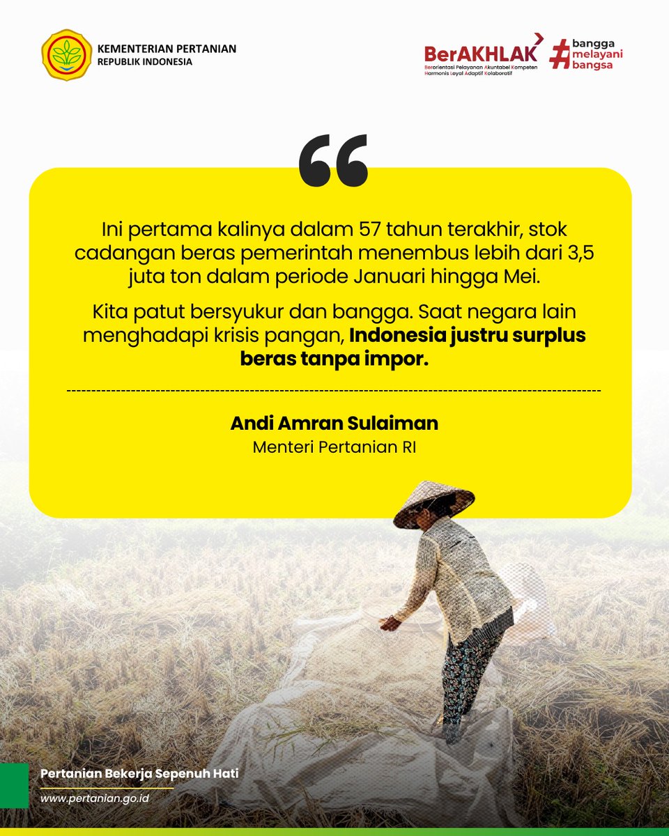 Stok cadangan beras pemerintah resmi menembus 3,5 juta ton per 4 Mei 2025. Ini adalah pencapaian tertinggi sejak Bulog berdiri tahun 1969, dan semuanya tanpa impor.

#PertanianTangguh #TanpaImpor #StokBerasNasional #KetahananPangan #PetaniBerjaya #BanggaMelayaniBangsa
