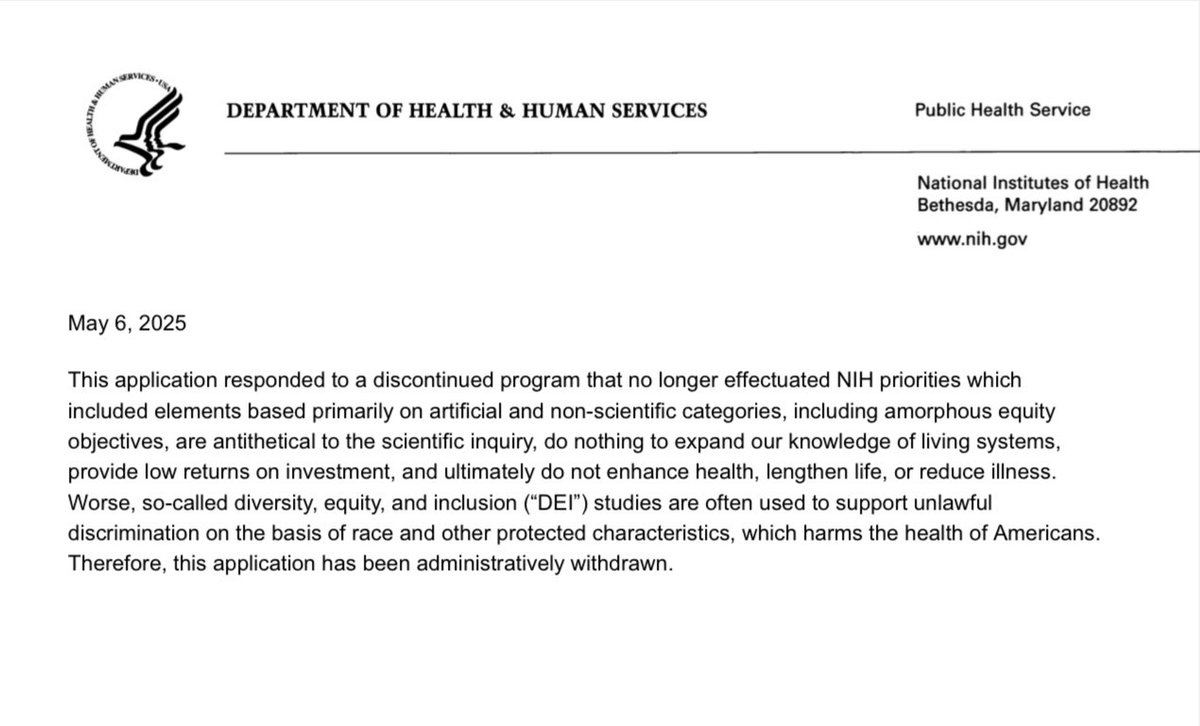 We received this letter that my student's NIH application was withdrawn. The research on pain &amp; depression is vital to public health. The letter’s insulting, misinformed language harms young scientists and threatens future scientific progress. This administration must do better.