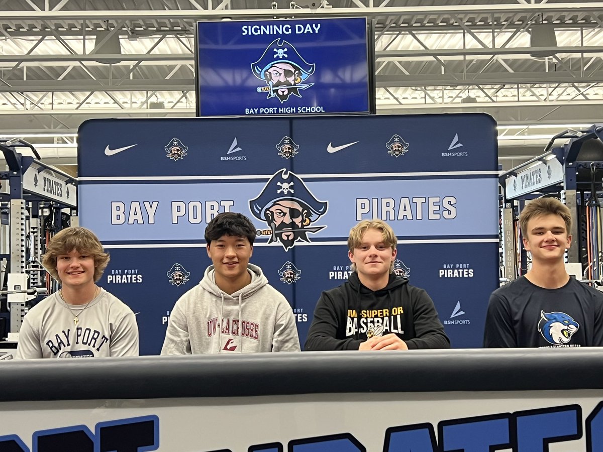 Congrats to our 4 players on signing their intent to play college baseball today.
Evan Cichanofsky - <a href="/uwsbaseball/">UW-Superior Baseball</a> 
Bobby Scott - <a href="/BSCBaseballWI/">Bryant & Stratton WI Baseball</a> 
<a href="/wheeler_keagan/">Keagan Wheeler</a> - <a href="/UWLAXBaseball/">UW-LACROSSE BASEBALL</a> 
Gavin Brady - <a href="/RiponBaseball/">Ripon College Baseball</a> 
Thank you for all you have given to our program. #piratepride