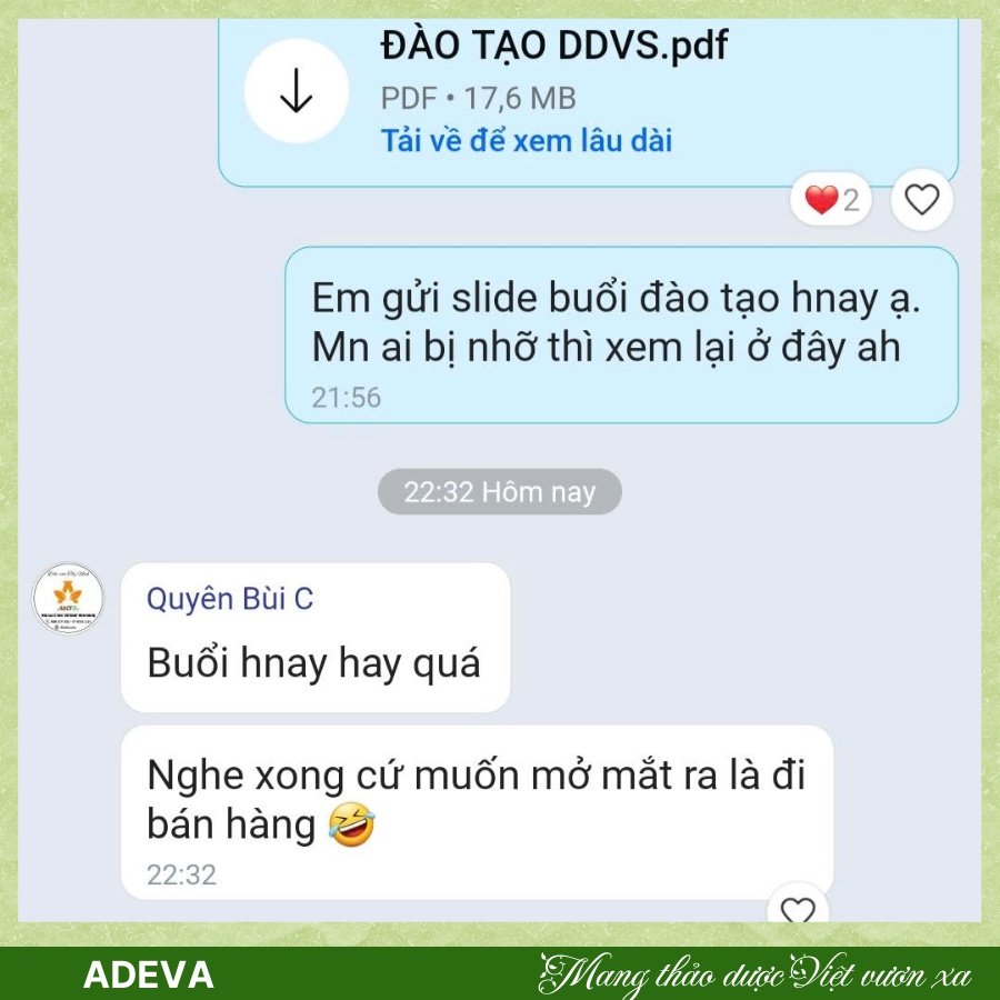 🍀Đào tạo mỗi tháng 1 - 2 lần
🍀Bán hàng theo đội nhóm có Leader dẫn dắt
🍀Sản phẩm chăm sóc cá nhân hằng ngày, dễ ra đơn, giá cả hợp lý, đã được thị trường đón nhận hơn 5 năm, được trưng bày tại nhiều hội chợ, sự kiện kết nối giao thương do Sở Công