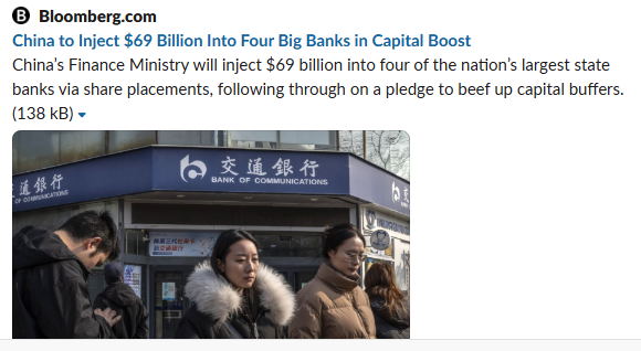 Yet more Chinese stimulus. Will it ever end?

China will inject $69B into four major state banks—Bank of China, China Construction Bank, Postal Savings Bank, and Bank of Communications—via share placements to boost capital and support lending. The move aims to stabilize the
