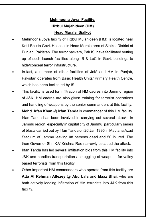 ANI's tweet photo. #OperationSindoor |  4. Mehmoona Joya facility of Hizbul Mujahideen (HM) is located near  Kotli Bhutta Govt. Hospital in Head Marala area of Sialkot District of  Punjab, Pakistan. The terror backers, Pak ISI have facilitated setting  up of such launch facilities along IB & LoC in Govt. buildings to  hide/conceal terror infrastructure.