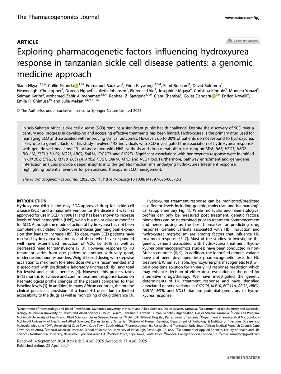 Julie Makani (@juliemakani) on Twitter photo Genomic Research in Africa
Pharmacogenomics of HbF in Sickle Cell in Tanzania
Dr Siana Nkya <a href="/Sianaeli1/">Sianaeli</a>
<a href="/muhimbiliuniver/">Muhimbili University</a> <a href="/SickleInAfrica/">SickleInAfrica</a>
<a href="/H3Africa/">Human Heredity and Health in Africa</a> <a href="/sicklecellmuhas/">Sickle Cell Programme, MUHAS</a> <a href="/ImperialSCG/">Imperial Sickle Cell Group</a> <a href="/imperialcollege/">Imperial College London</a>
nature.com/articles/s4139…
#SickleCell #genomics Genomic Research in Africa
Pharmacogenomics of HbF in Sickle Cell in Tanzania
Dr Siana Nkya <a href="/Sianaeli1/">Sianaeli</a>
<a href="/muhimbiliuniver/">Muhimbili University</a> <a href="/SickleInAfrica/">SickleInAfrica</a>
<a href="/H3Africa/">Human Heredity and Health in Africa</a> <a href="/sicklecellmuhas/">Sickle Cell Programme, MUHAS</a> <a href="/ImperialSCG/">Imperial Sickle Cell Group</a> <a href="/imperialcollege/">Imperial College London</a>
nature.com/articles/s4139…
#SickleCell #genomics