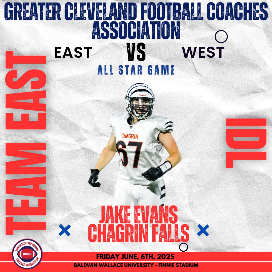 Jake Evans (@jakeevans67) on Twitter photo Very excited to play in the <a href="/AllStarsGCFCA/">East-West All Stars</a> Greater Cleveland All-Star Game! Go East! <a href="/Hillsdale_FB/">Hillsdale Football</a> <a href="/FootballChagrin/">Chagrin Football</a> <a href="/CoachCurtain216/">Tyler Curtain</a> Very excited to play in the <a href="/AllStarsGCFCA/">East-West All Stars</a> Greater Cleveland All-Star Game! Go East! <a href="/Hillsdale_FB/">Hillsdale Football</a> <a href="/FootballChagrin/">Chagrin Football</a> <a href="/CoachCurtain216/">Tyler Curtain</a>