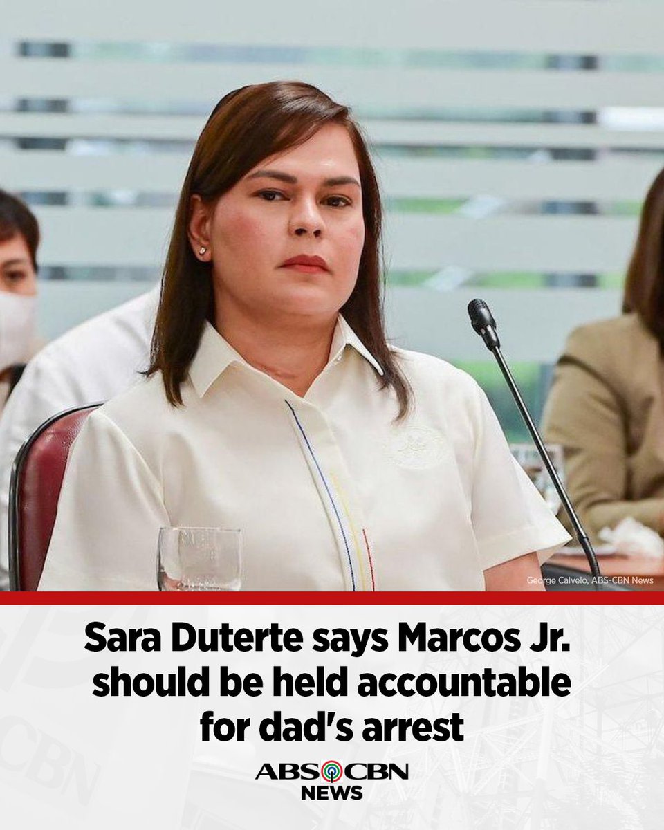 ABSCBNNews's tweet photo. Para kay Vice President Sara Duterte, dapat managot si Pangulong Ferdinand Marcos, Jr. dahil siya umano ang nag-apruba para maaresto ng ICC ang kaniyang amang si dating pangulong Rodrigo Duterte sa kabila ng pagkalas ng bansa sa naturang hukuman. 

Basahin: https://t.co/WoQzR3FAkb