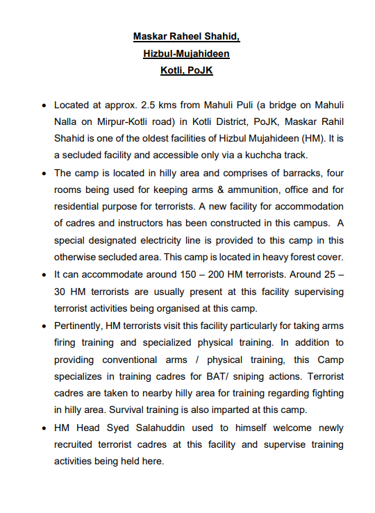 ANI's tweet photo. 7. Maskar Raheel Shahid, Hizbul-Mujahideen Kotli, PoJK- Located at approx. 2.5 kms from Mahuli Puli (a bridge on Mahuli Nalla on Mirpur-Kotli road) in Kotli District, PoJK, Maskar Rahil Shahid is one of the oldest facilities of Hizbul Mujahideen (HM). It is a secluded facility and accessible only via a kuchcha track. The camp is located in hilly area and comprises of barracks, four rooms being used for keeping arms & ammunition, office and for residential purpose for terrorists: Sources to ANI