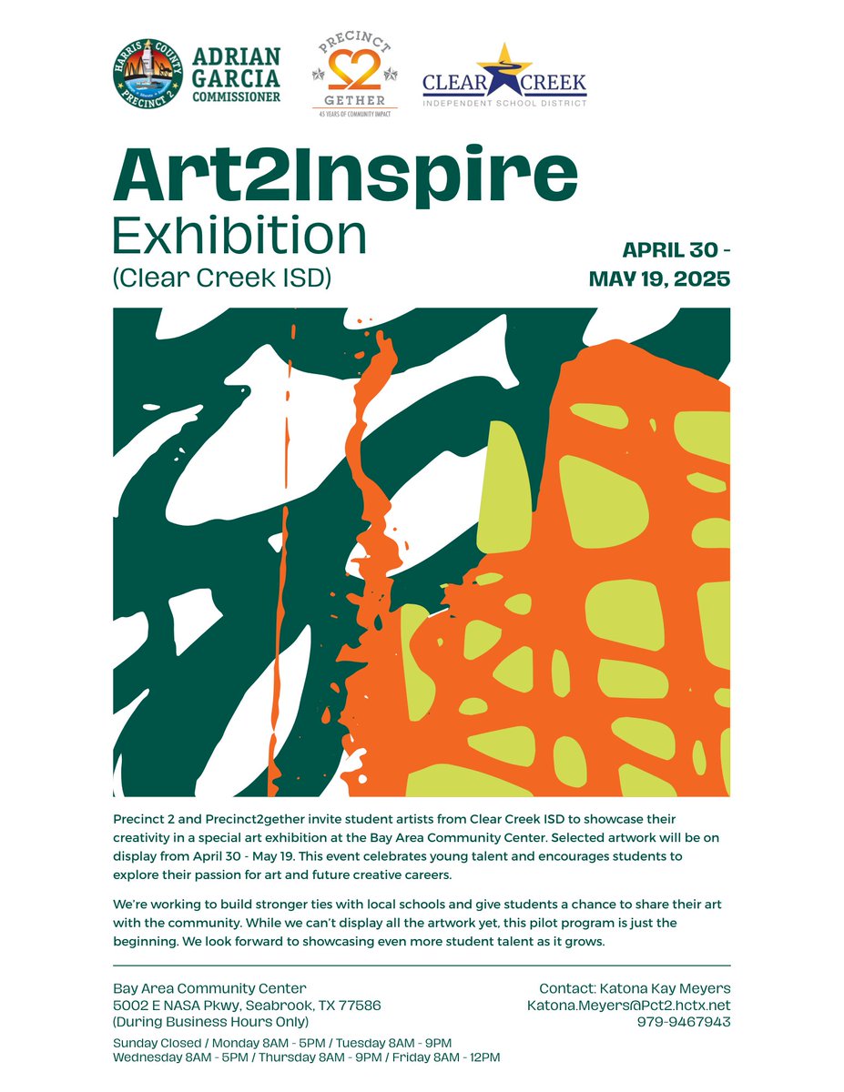 🎨✨ Clear Creek ISD – Art2Inspire Exhibition! ✨🎨

Experience the amazing creativity of Clear Creek ISD students! 🖌️🖼️ 🗓️

Exhibition Dates: 📍 Wednesday, April 30– Monday, May 19, 2025

#Art2Inspire #ClearCreekISD #StudentArtShowcase #Precinct2gether #Precinct2